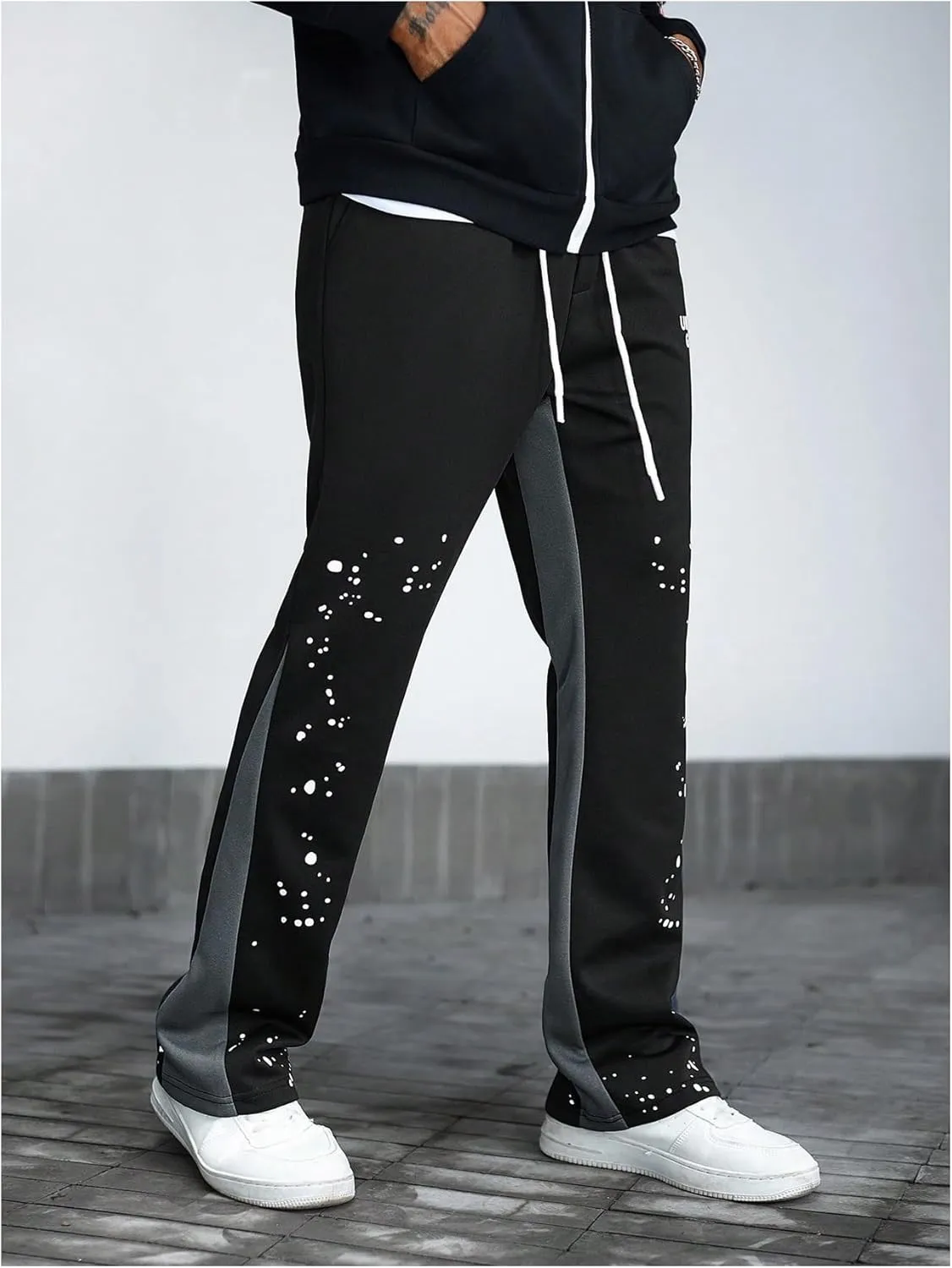 GORGLITTER Men's Y2K Sweatpants Graphic Flare Sweatpants Color Block Drawstring Waist Drippy Pants Streetwear