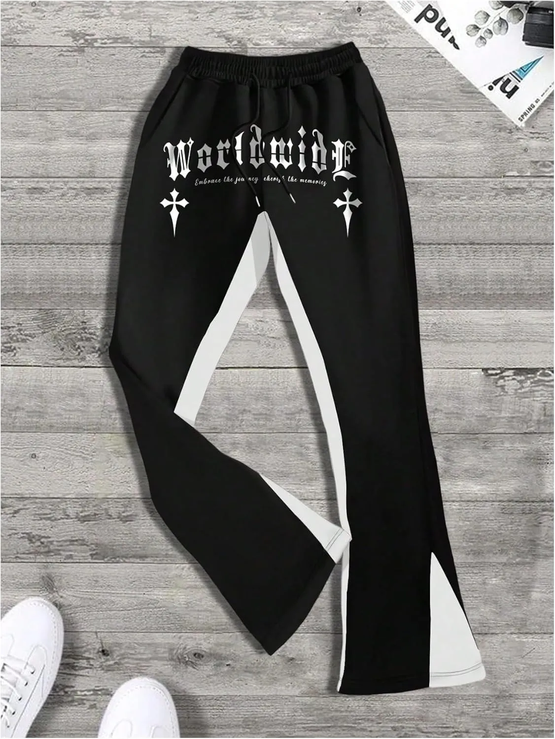 GORGLITTER Men's Y2K Sweatpants Graphic Flare Sweatpants Color Block Drawstring Waist Drippy Pants Streetwear
