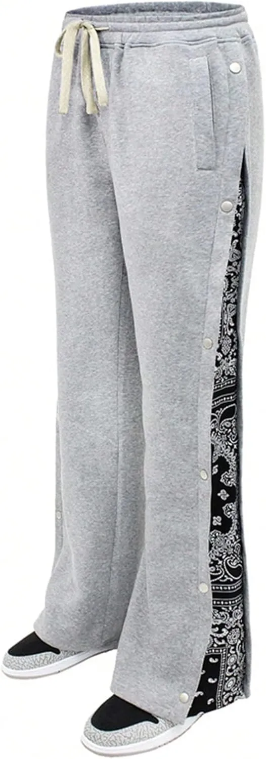 GORGLITTER Men's Y2K Sweatpants Graphic Flare Sweatpants Color Block Drawstring Waist Drippy Pants Streetwear
