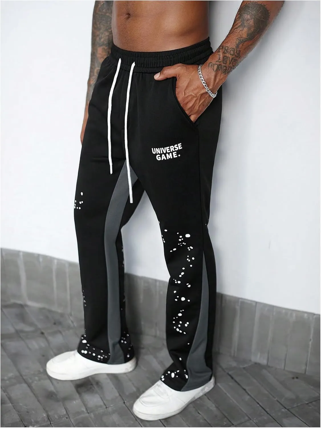 GORGLITTER Men's Y2K Sweatpants Graphic Flare Sweatpants Color Block Drawstring Waist Drippy Pants Streetwear