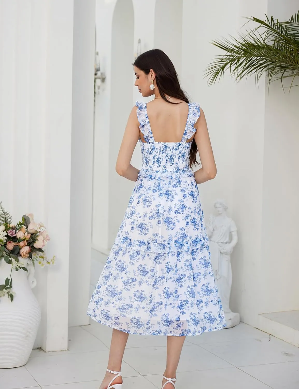 GRACE KARIN Women’s Summer Boho Floral Tiered Dress Strap A Line Swing Flowy Midi Dress Ruffle Beach Wedding Guest Dress