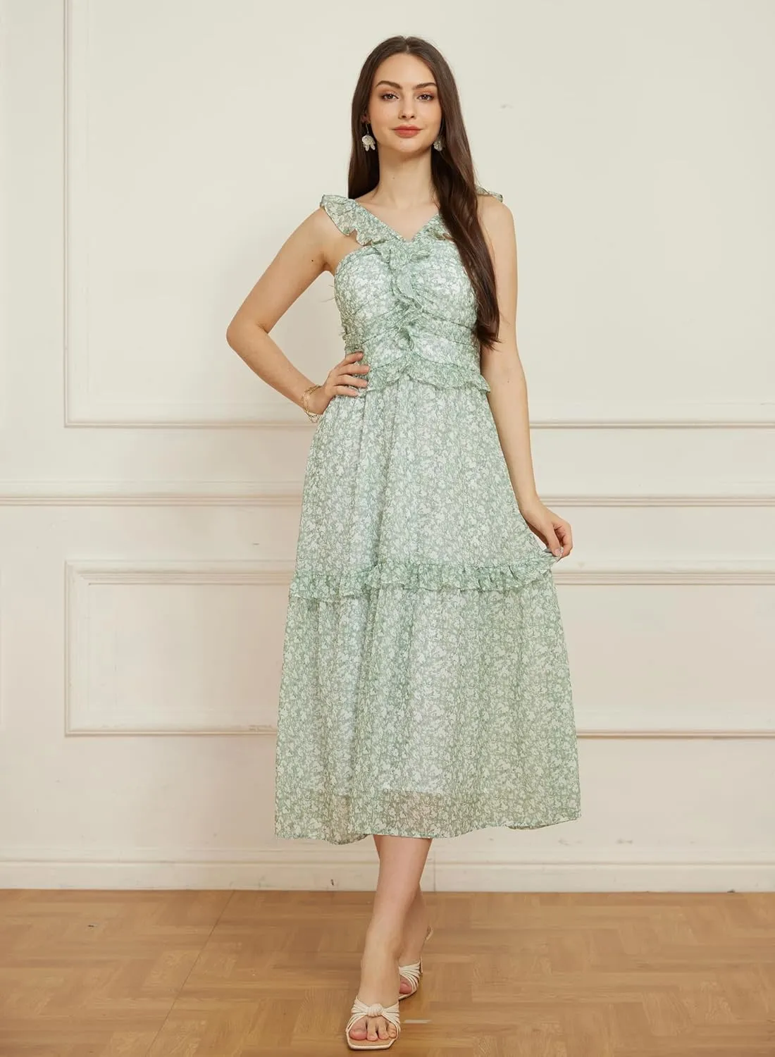 GRACE KARIN Women’s Summer Boho Floral Tiered Dress Strap A Line Swing Flowy Midi Dress Ruffle Beach Wedding Guest Dress