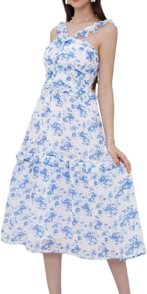 GRACE KARIN Women’s Summer Boho Floral Tiered Dress Strap A Line Swing Flowy Midi Dress Ruffle Beach Wedding Guest Dress