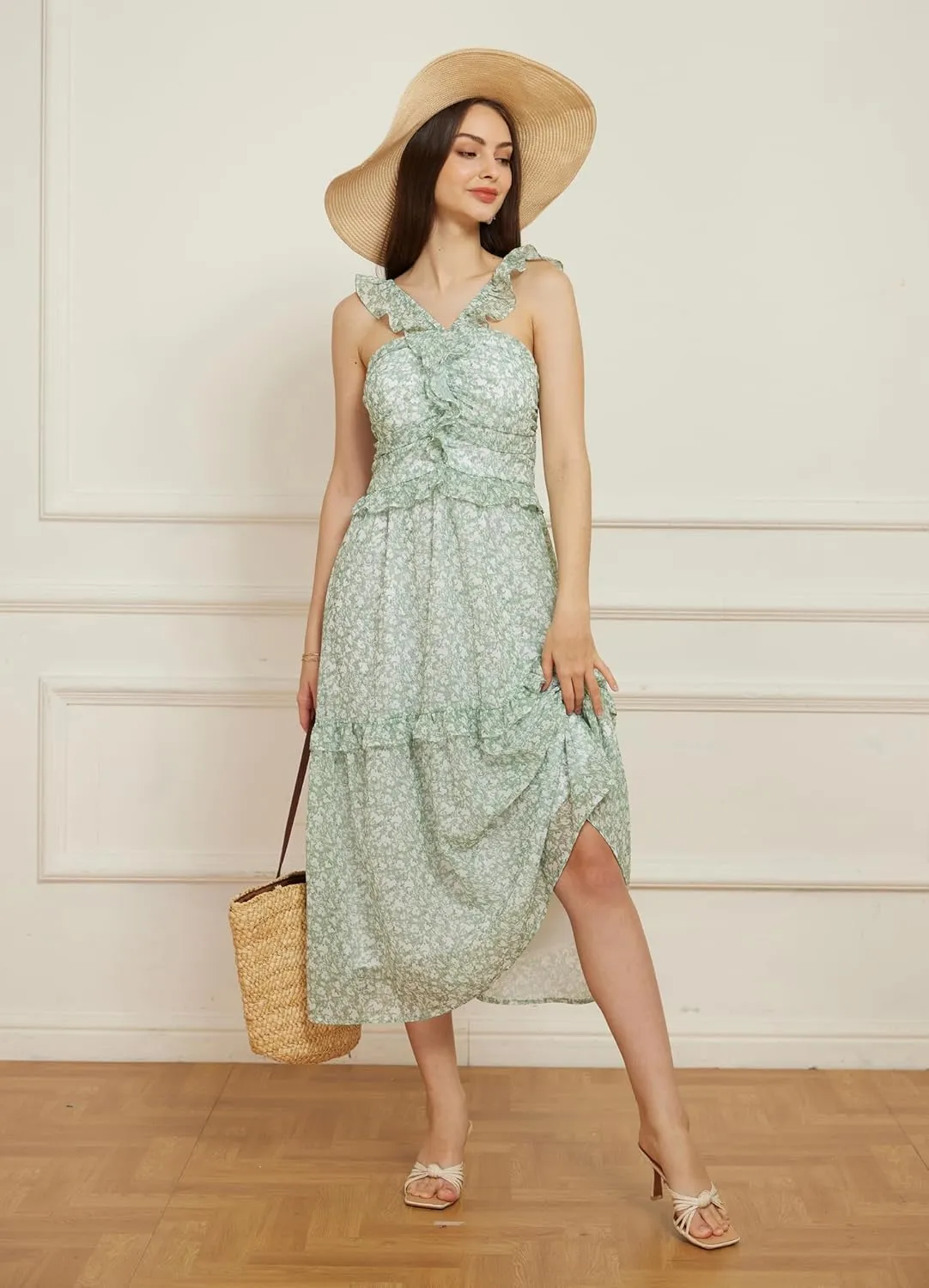 GRACE KARIN Women’s Summer Boho Floral Tiered Dress Strap A Line Swing Flowy Midi Dress Ruffle Beach Wedding Guest Dress