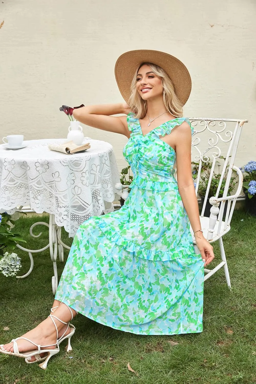 GRACE KARIN Women’s Summer Boho Floral Tiered Dress Strap A Line Swing Flowy Midi Dress Ruffle Beach Wedding Guest Dress