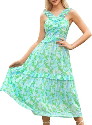 GRACE KARIN Women’s Summer Boho Floral Tiered Dress Strap A Line Swing Flowy Midi Dress Ruffle Beach Wedding Guest Dress