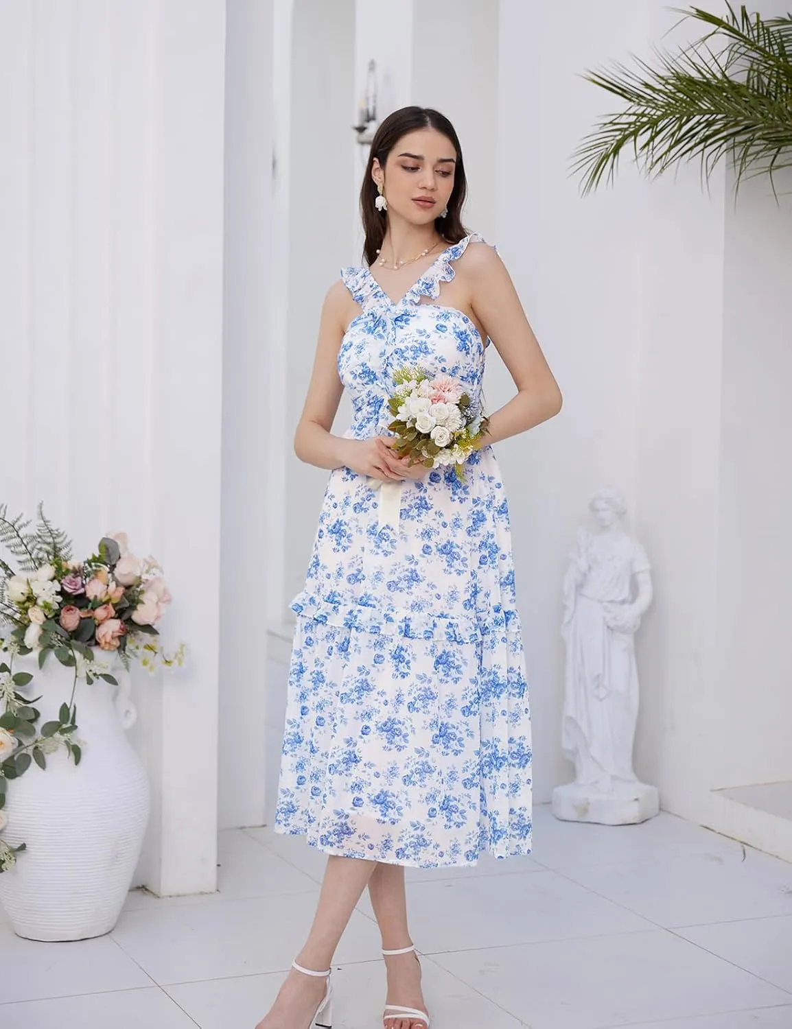 GRACE KARIN Women’s Summer Boho Floral Tiered Dress Strap A Line Swing Flowy Midi Dress Ruffle Beach Wedding Guest Dress