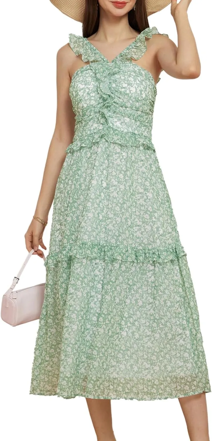 GRACE KARIN Women’s Summer Boho Floral Tiered Dress Strap A Line Swing Flowy Midi Dress Ruffle Beach Wedding Guest Dress