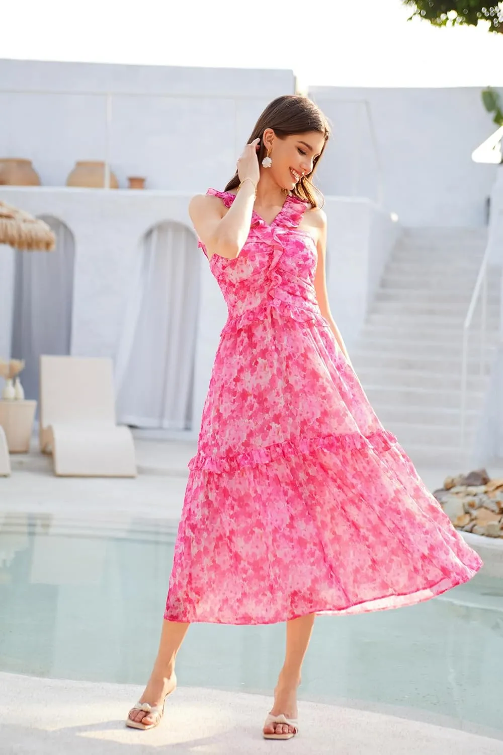 GRACE KARIN Women’s Summer Boho Floral Tiered Dress Strap A Line Swing Flowy Midi Dress Ruffle Beach Wedding Guest Dress