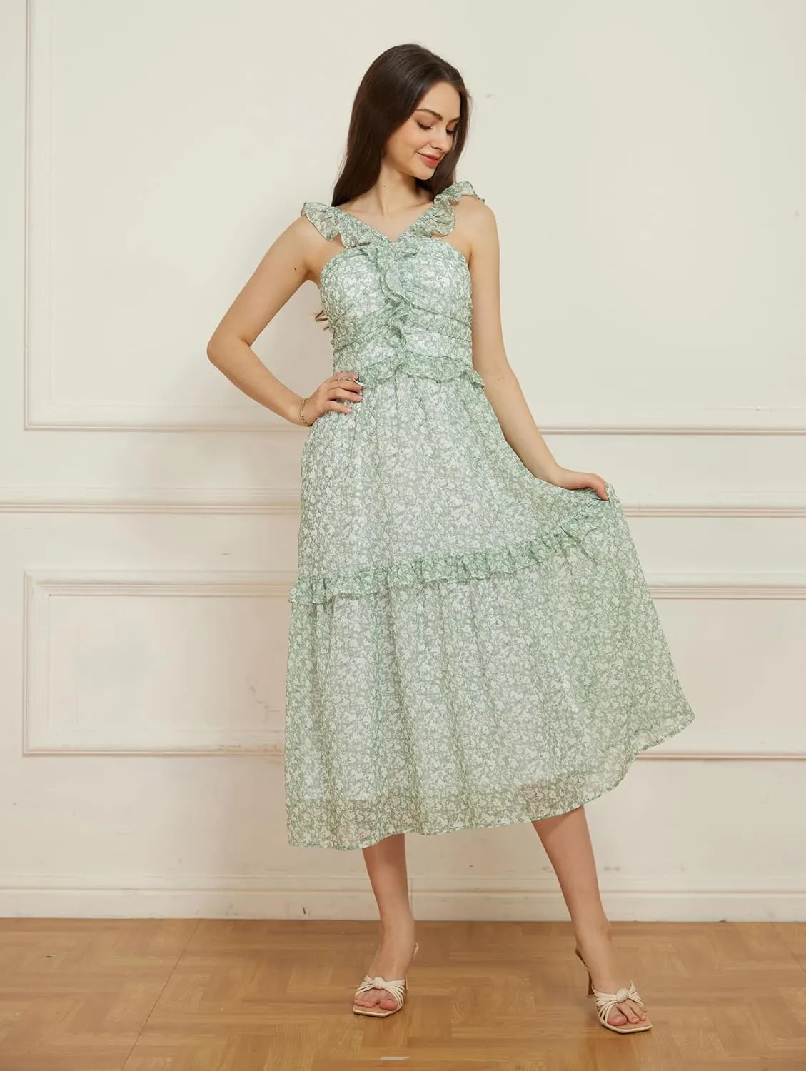 GRACE KARIN Women’s Summer Boho Floral Tiered Dress Strap A Line Swing Flowy Midi Dress Ruffle Beach Wedding Guest Dress