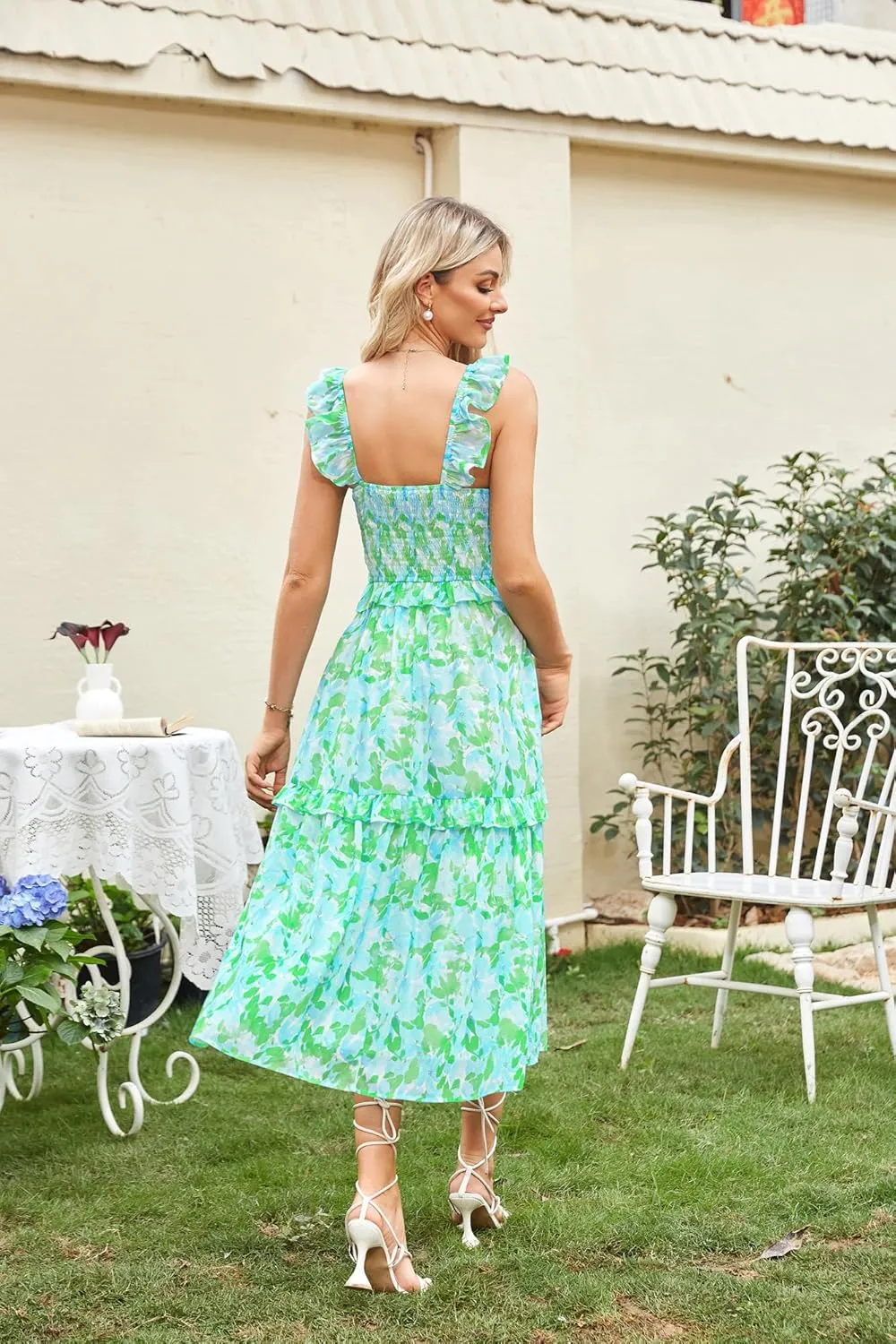 GRACE KARIN Women’s Summer Boho Floral Tiered Dress Strap A Line Swing Flowy Midi Dress Ruffle Beach Wedding Guest Dress