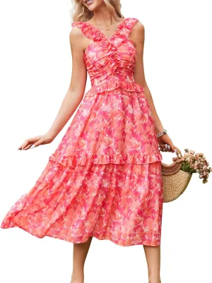 GRACE KARIN Women’s Summer Boho Floral Tiered Dress Strap A Line Swing Flowy Midi Dress Ruffle Beach Wedding Guest Dress
