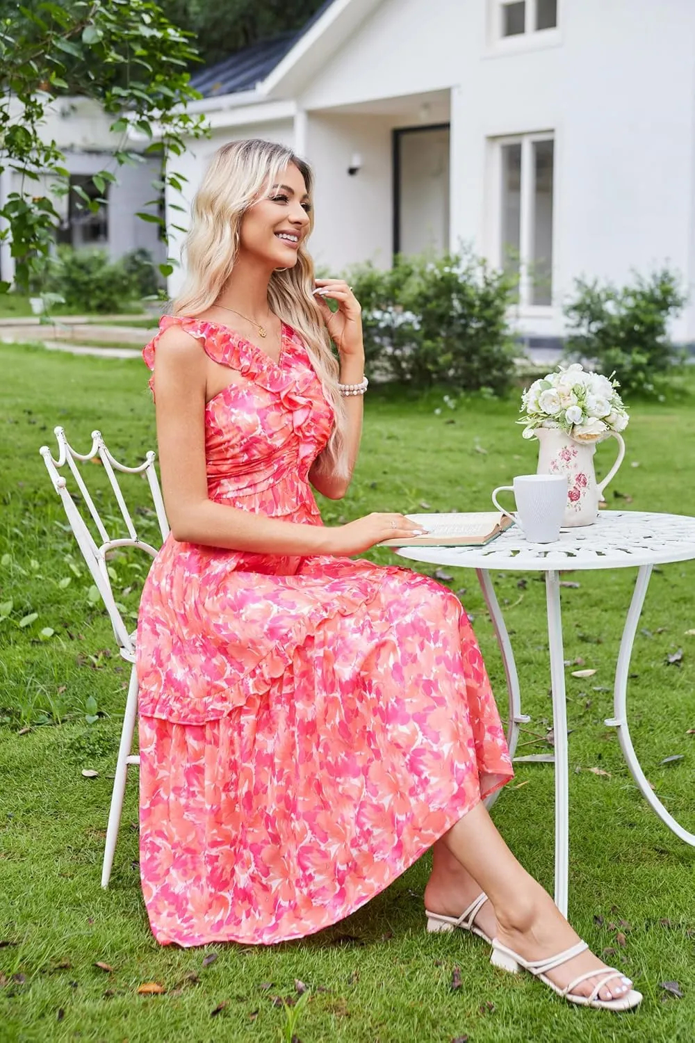 GRACE KARIN Women’s Summer Boho Floral Tiered Dress Strap A Line Swing Flowy Midi Dress Ruffle Beach Wedding Guest Dress