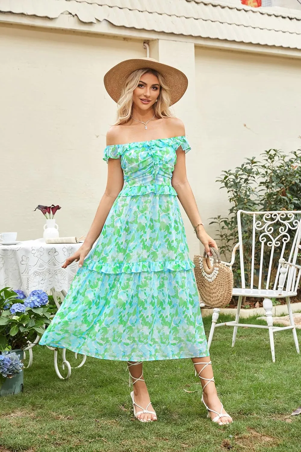 GRACE KARIN Women’s Summer Boho Floral Tiered Dress Strap A Line Swing Flowy Midi Dress Ruffle Beach Wedding Guest Dress