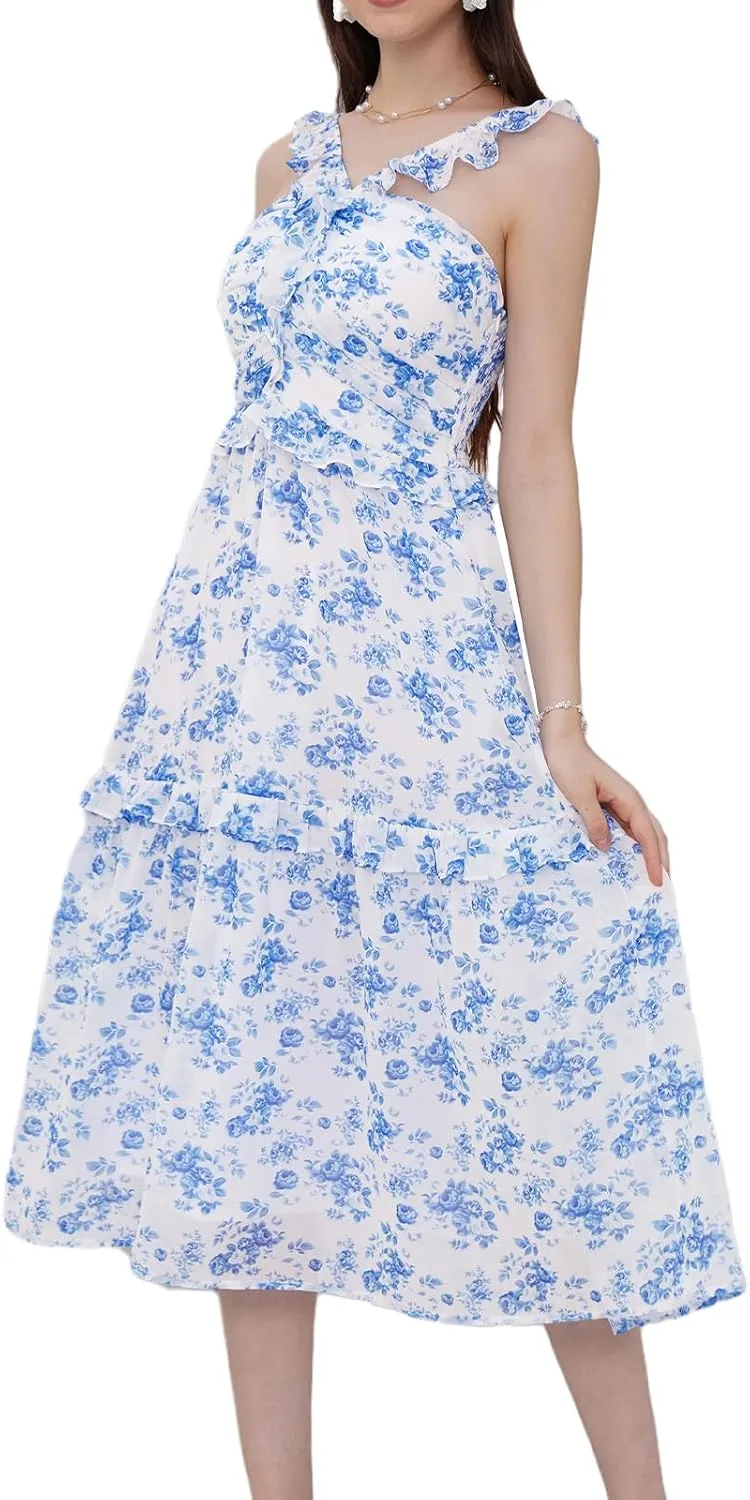 GRACE KARIN Women’s Summer Boho Floral Tiered Dress Strap A Line Swing Flowy Midi Dress Ruffle Beach Wedding Guest Dress