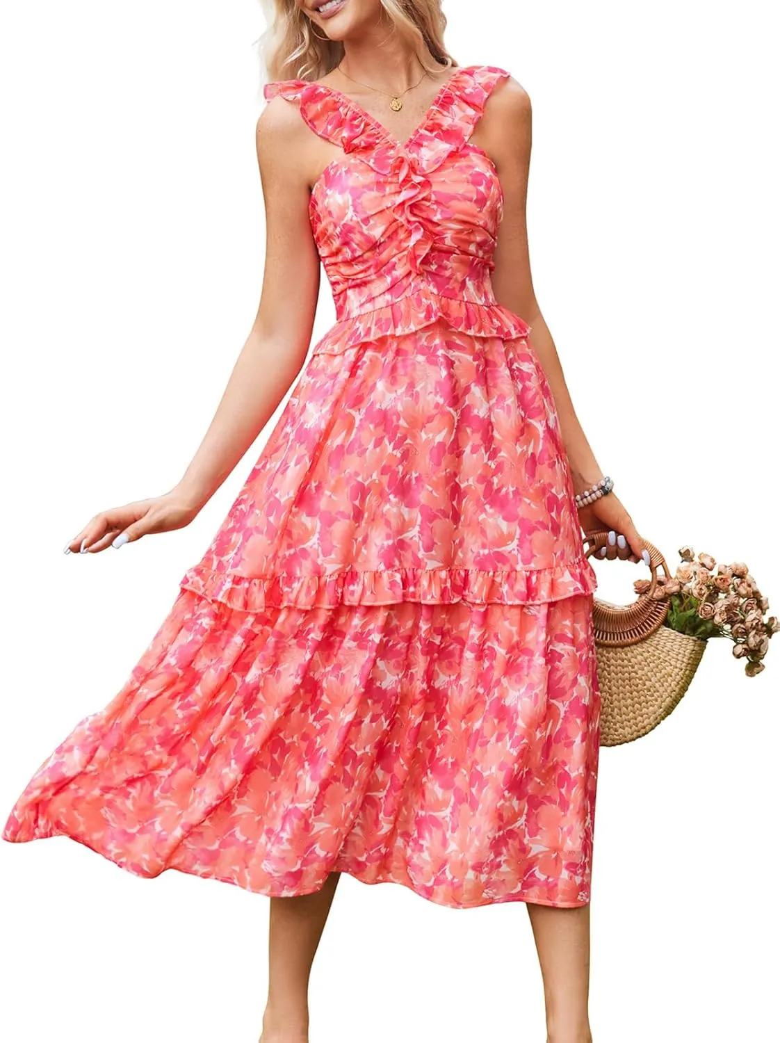 GRACE KARIN Women’s Summer Boho Floral Tiered Dress Strap A Line Swing Flowy Midi Dress Ruffle Beach Wedding Guest Dress
