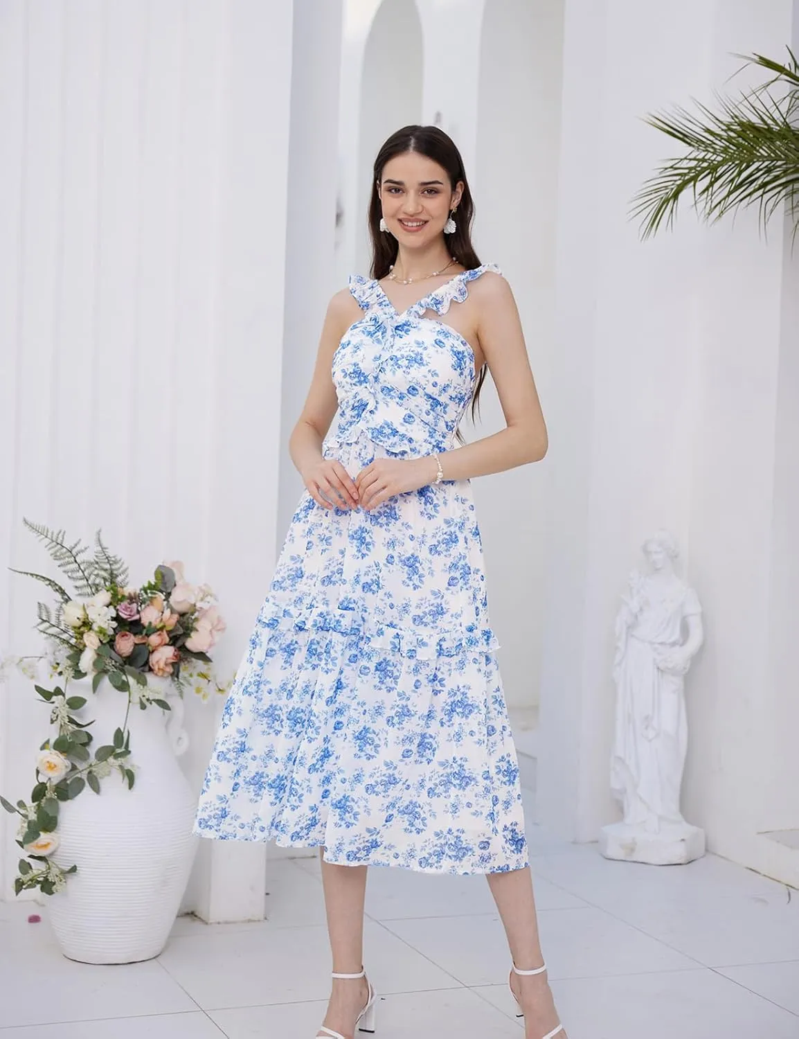 GRACE KARIN Women’s Summer Boho Floral Tiered Dress Strap A Line Swing Flowy Midi Dress Ruffle Beach Wedding Guest Dress