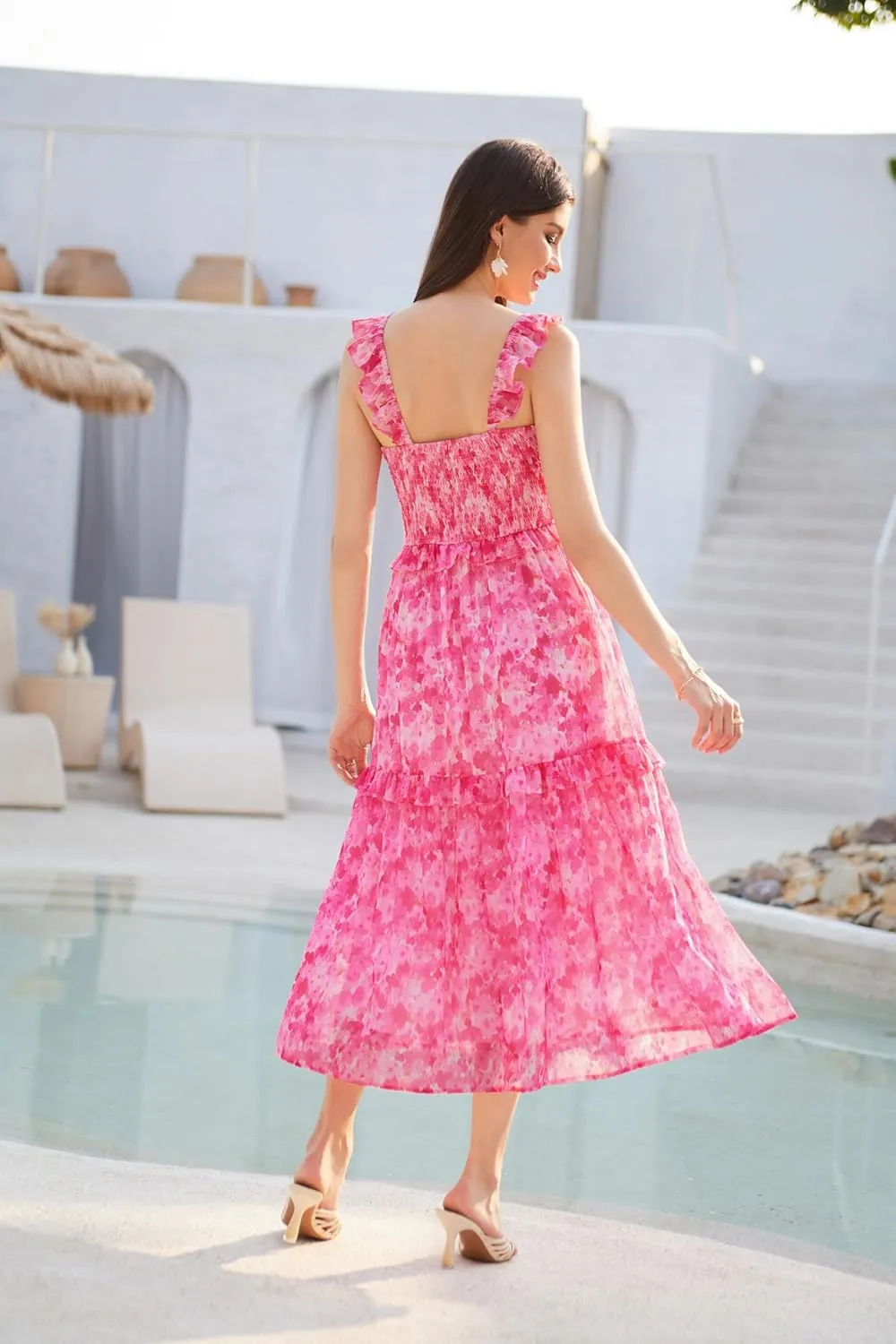 GRACE KARIN Women’s Summer Boho Floral Tiered Dress Strap A Line Swing Flowy Midi Dress Ruffle Beach Wedding Guest Dress