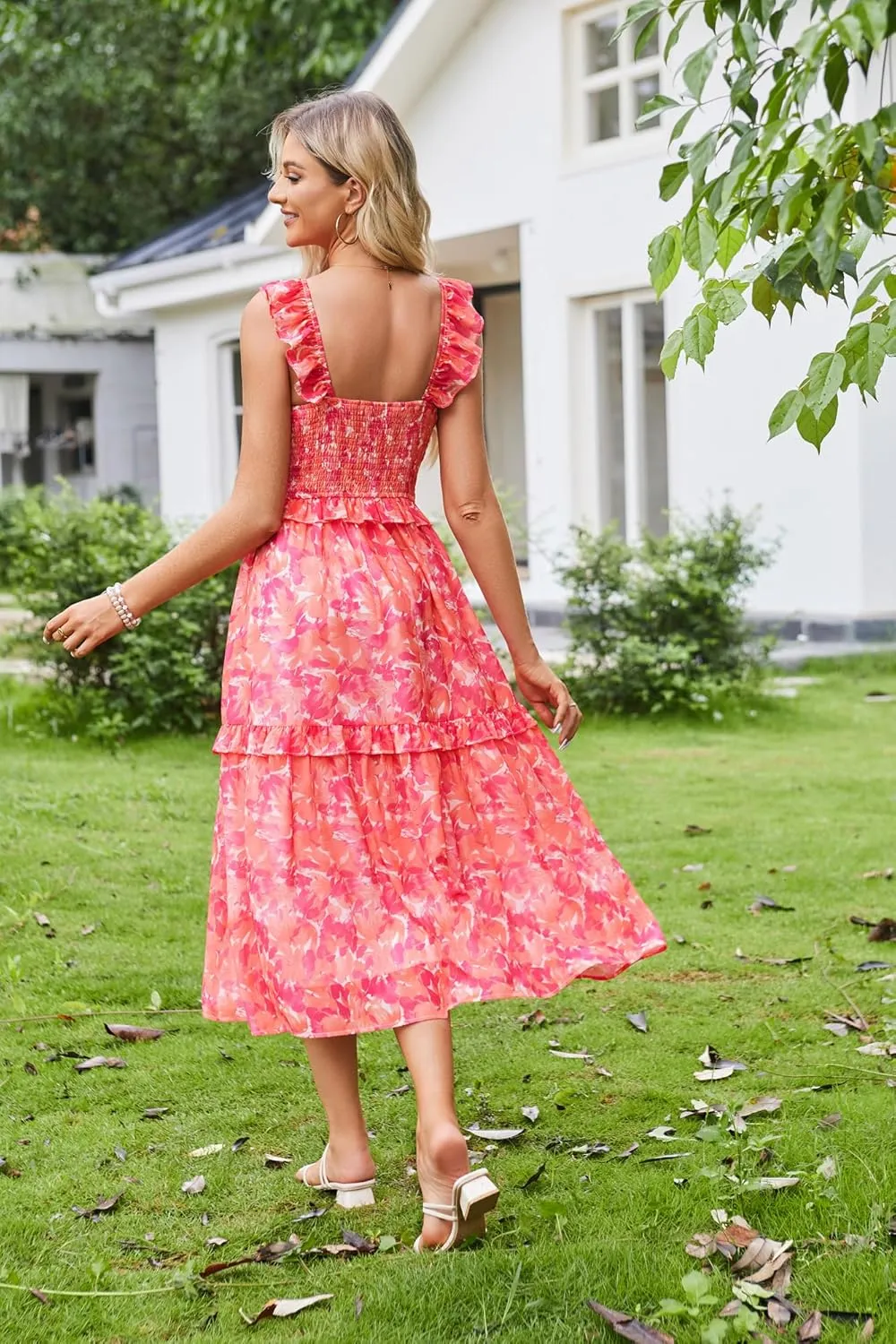 GRACE KARIN Women’s Summer Boho Floral Tiered Dress Strap A Line Swing Flowy Midi Dress Ruffle Beach Wedding Guest Dress
