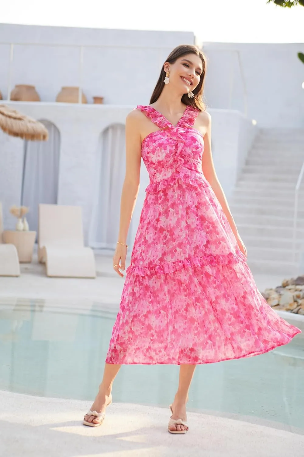 GRACE KARIN Women’s Summer Boho Floral Tiered Dress Strap A Line Swing Flowy Midi Dress Ruffle Beach Wedding Guest Dress