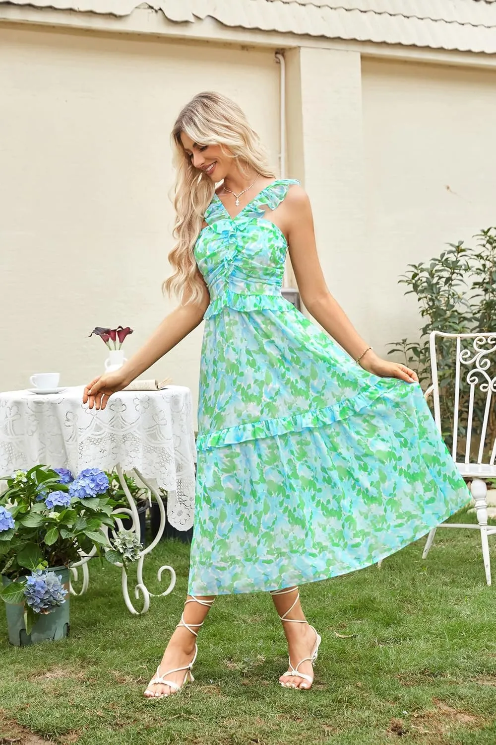 GRACE KARIN Women’s Summer Boho Floral Tiered Dress Strap A Line Swing Flowy Midi Dress Ruffle Beach Wedding Guest Dress