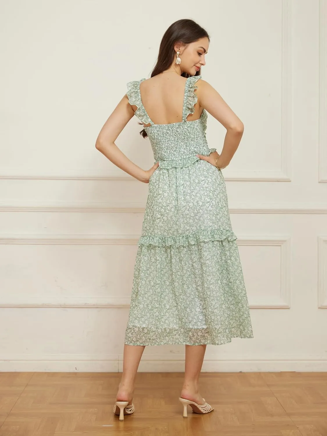 GRACE KARIN Women’s Summer Boho Floral Tiered Dress Strap A Line Swing Flowy Midi Dress Ruffle Beach Wedding Guest Dress