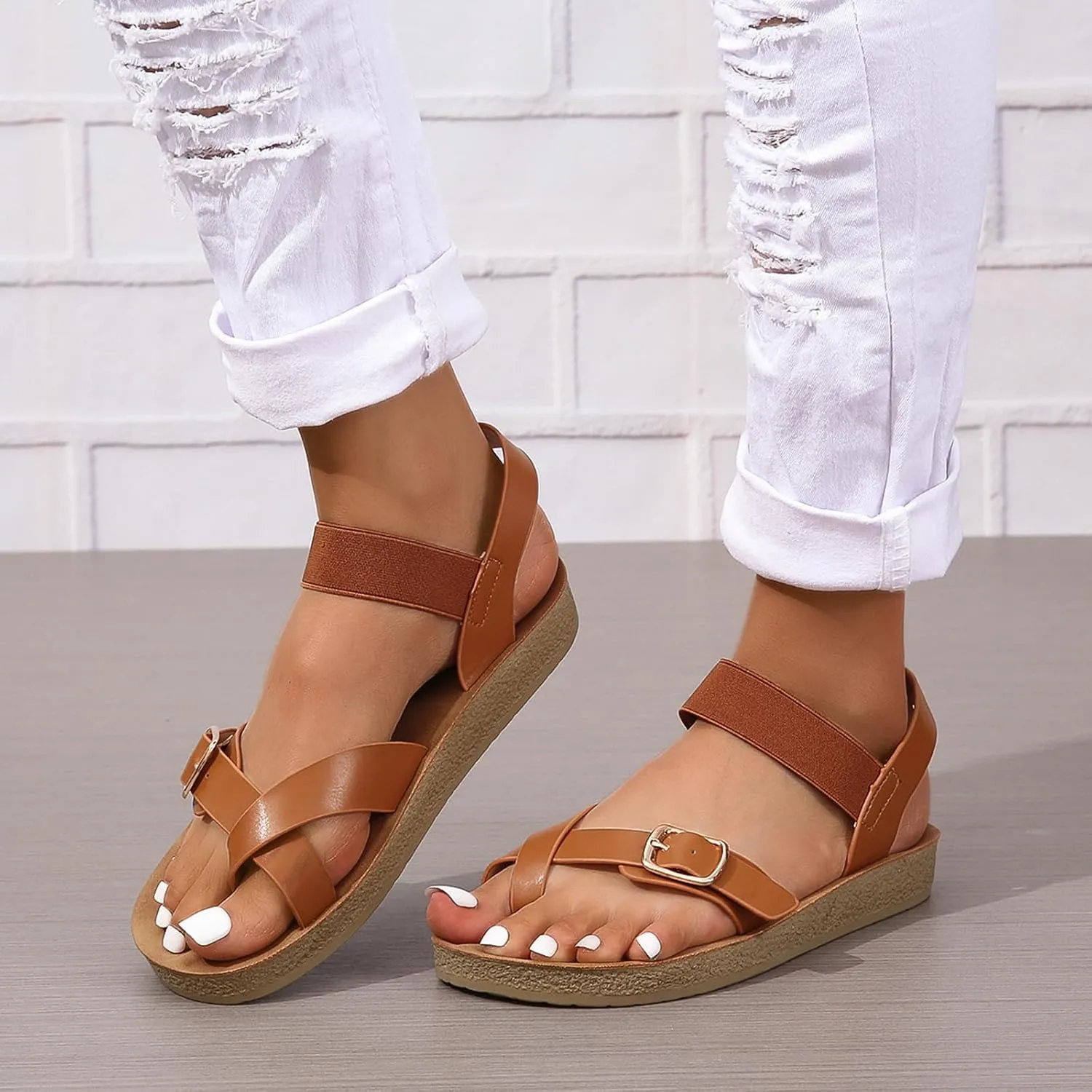 GUNIYIFS Women's Casual Flat Cork Footbed Sandals Open Toes Comfortable Flatform Dress Shoes Ankle Strap Buckle Beach Sandals