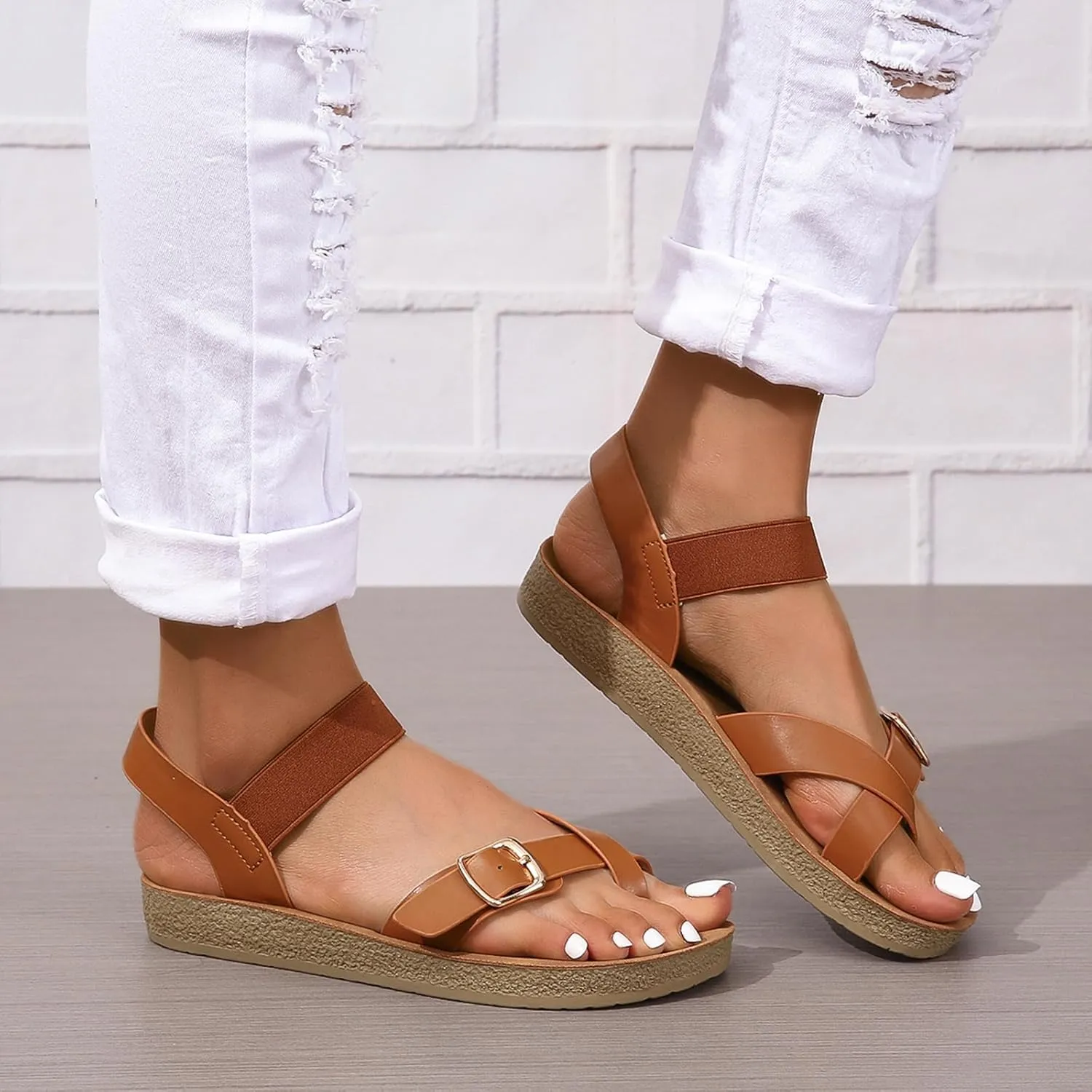 GUNIYIFS Women's Casual Flat Cork Footbed Sandals Open Toes Comfortable Flatform Dress Shoes Ankle Strap Buckle Beach Sandals