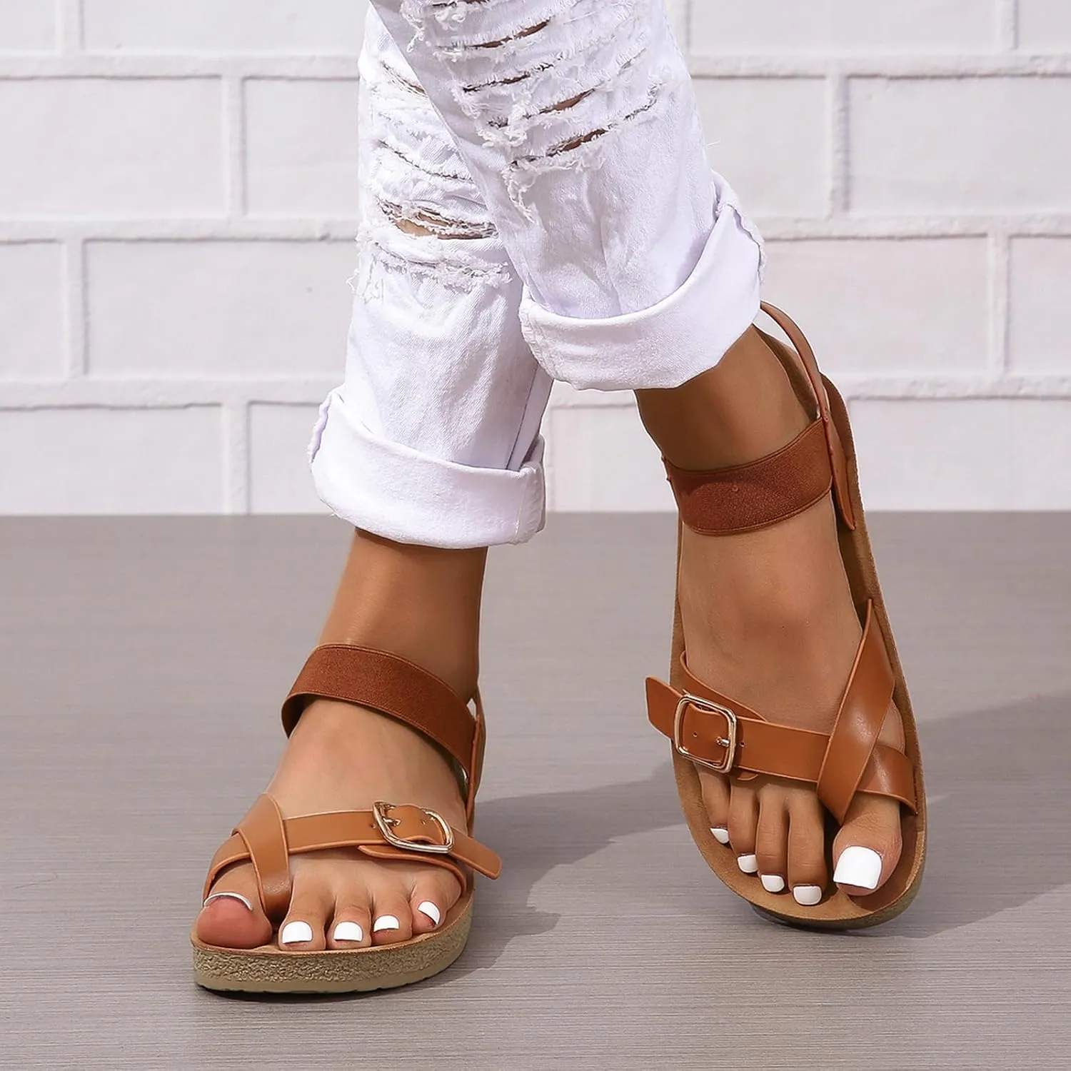 GUNIYIFS Women's Casual Flat Cork Footbed Sandals Open Toes Comfortable Flatform Dress Shoes Ankle Strap Buckle Beach Sandals