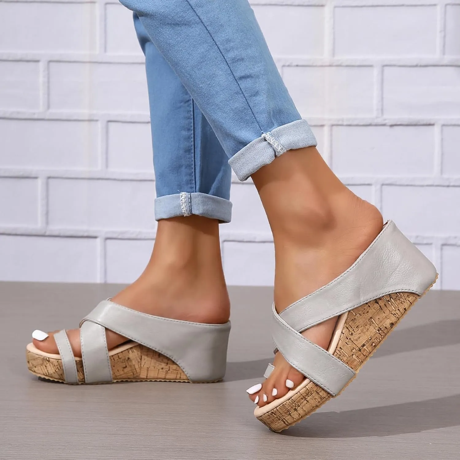 GUNIYIFS Women's Cork Platform Wedge Sandals Casual Open Toes Leather Comfortable Shoes Dress Summer Non-slip Beach Sandals