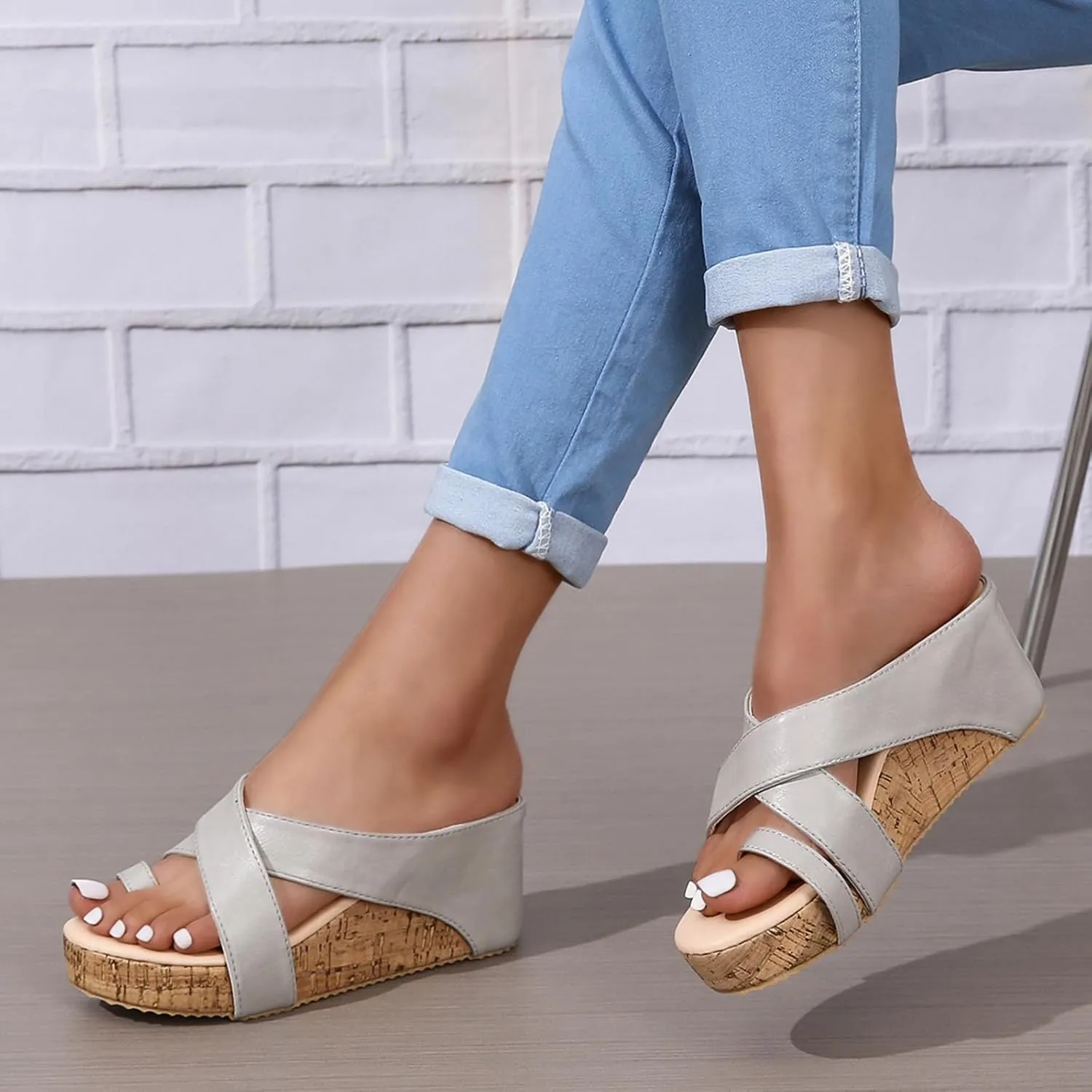 GUNIYIFS Women's Cork Platform Wedge Sandals Casual Open Toes Leather Comfortable Shoes Dress Summer Non-slip Beach Sandals