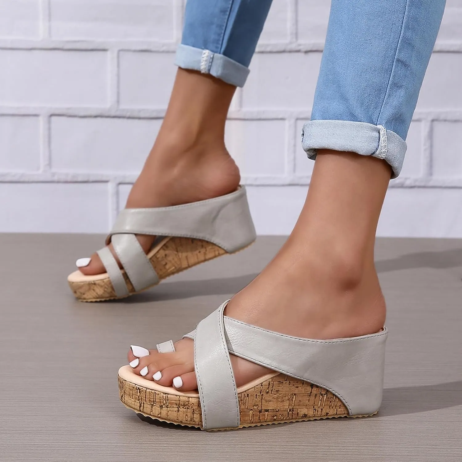 GUNIYIFS Women's Cork Platform Wedge Sandals Casual Open Toes Leather Comfortable Shoes Dress Summer Non-slip Beach Sandals