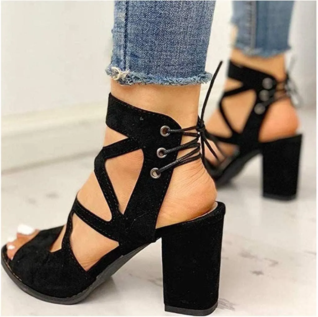 GUNIYIFS Women's Dress Shoes Heeled Sandals Blue Work Open Toe Lace Up Sandals Block Heel Sandals for Women Casual Summer Fashion