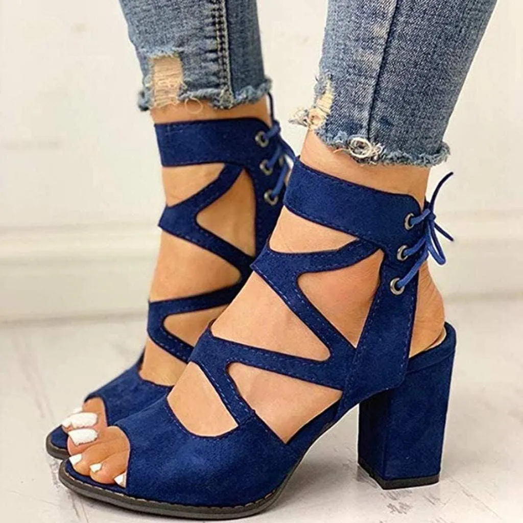 GUNIYIFS Women's Dress Shoes Heeled Sandals Blue Work Open Toe Lace Up Sandals Block Heel Sandals for Women Casual Summer Fashion