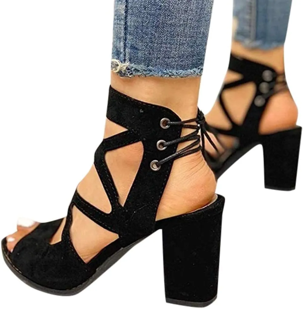 GUNIYIFS Women's Dress Shoes Heeled Sandals Blue Work Open Toe Lace Up Sandals Block Heel Sandals for Women Casual Summer Fashion