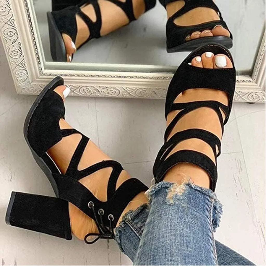 GUNIYIFS Women's Dress Shoes Heeled Sandals Blue Work Open Toe Lace Up Sandals Block Heel Sandals for Women Casual Summer Fashion