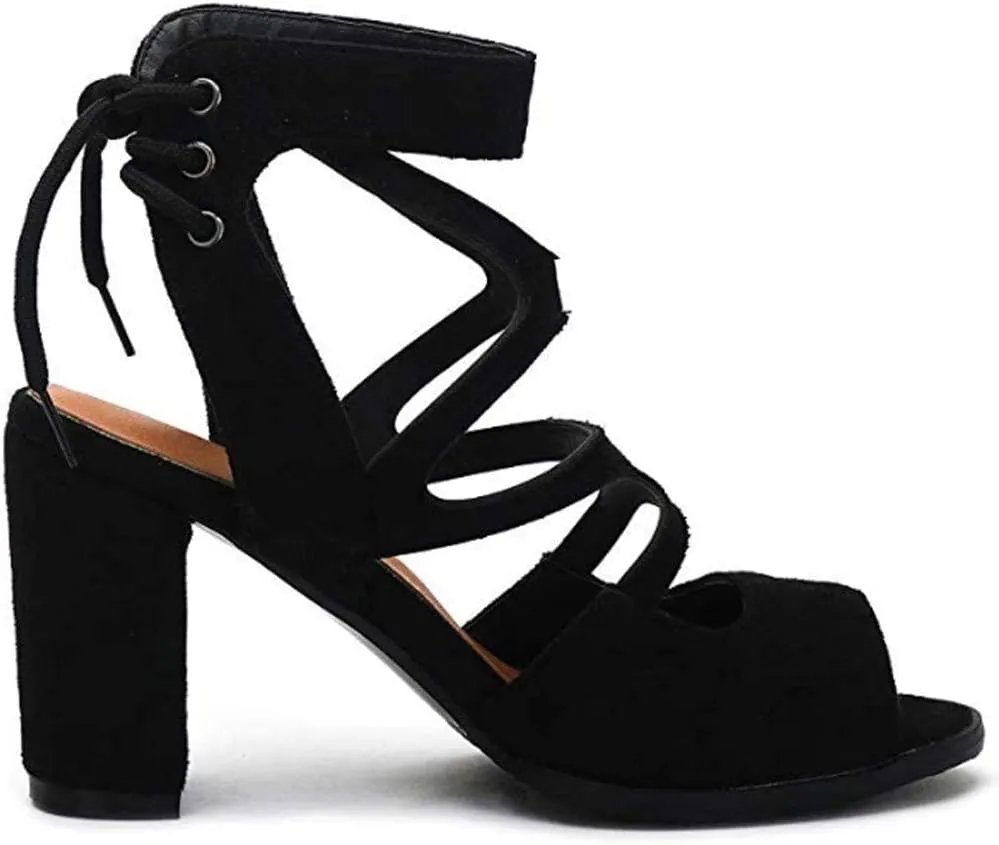GUNIYIFS Women's Dress Shoes Heeled Sandals Blue Work Open Toe Lace Up Sandals Block Heel Sandals for Women Casual Summer Fashion