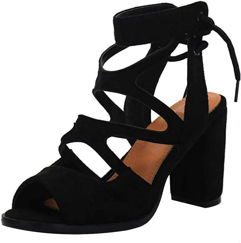 GUNIYIFS Women's Dress Shoes Heeled Sandals Blue Work Open Toe Lace Up Sandals Block Heel Sandals for Women Casual Summer Fashion