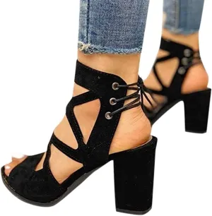 GUNIYIFS Women's Dress Shoes Heeled Sandals Blue Work Open Toe Lace Up Sandals Block Heel Sandals for Women Casual Summer Fashion