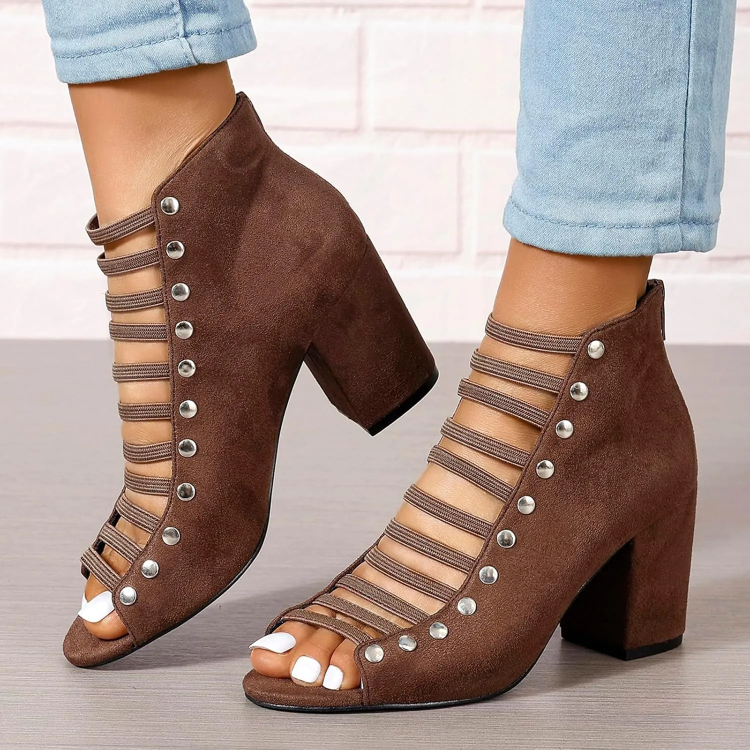 GUNIYIFS Womens Faux Suede Heels Sandals Peep Toe Cutout Chunky Block High Heels Sandals Dress Summer Back Zip Ankle Booties