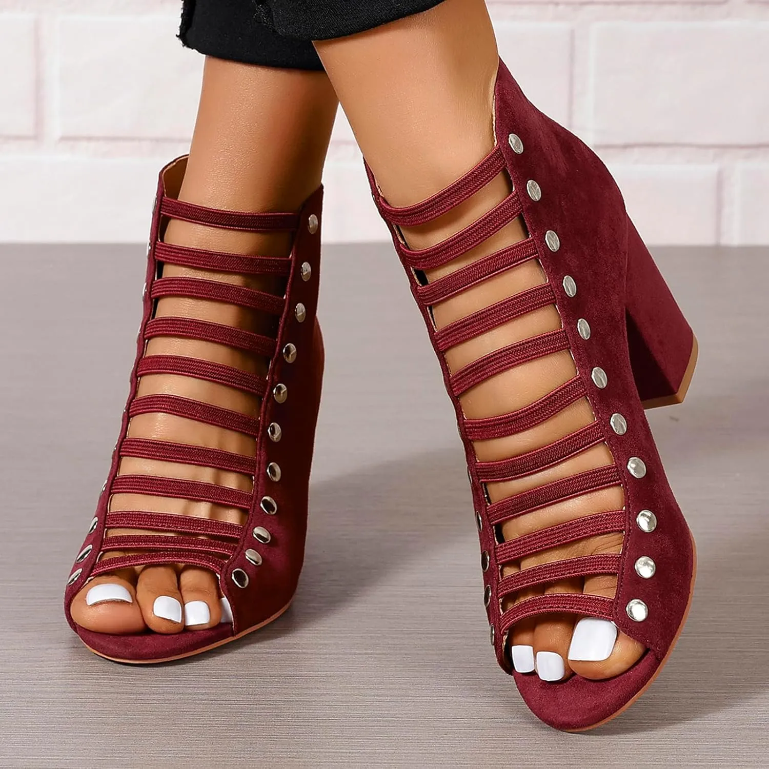 GUNIYIFS Womens Faux Suede Heels Sandals Peep Toe Cutout Chunky Block High Heels Sandals Dress Summer Back Zip Ankle Booties