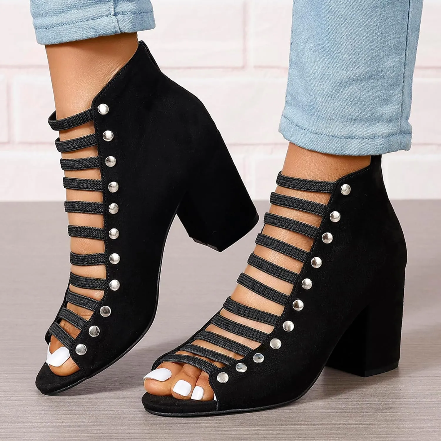 GUNIYIFS Womens Faux Suede Heels Sandals Peep Toe Cutout Chunky Block High Heels Sandals Dress Summer Back Zip Ankle Booties