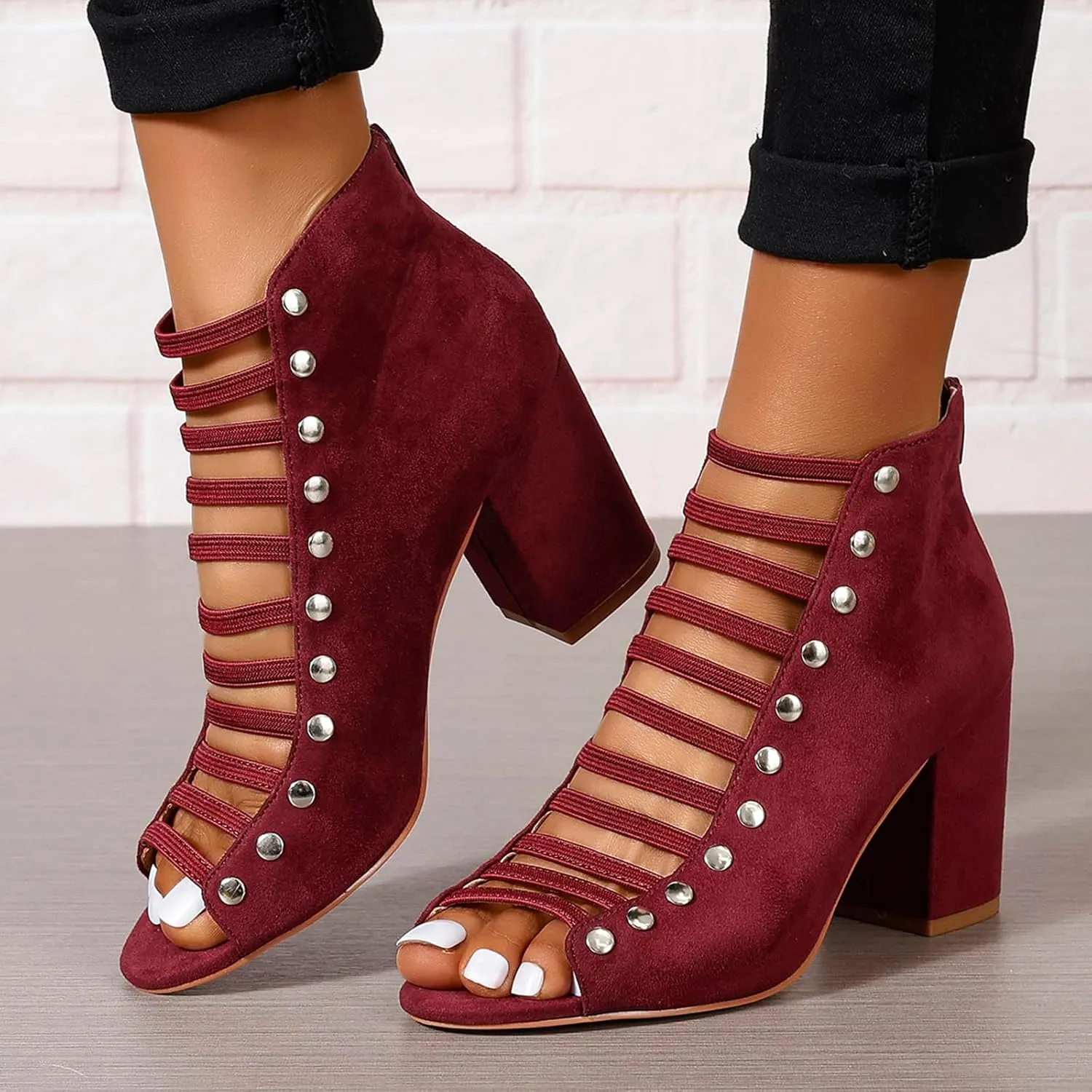 GUNIYIFS Womens Faux Suede Heels Sandals Peep Toe Cutout Chunky Block High Heels Sandals Dress Summer Back Zip Ankle Booties