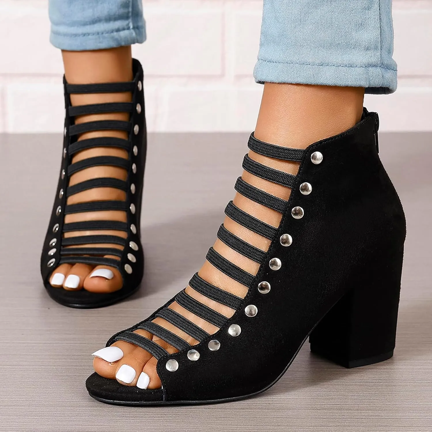 GUNIYIFS Womens Faux Suede Heels Sandals Peep Toe Cutout Chunky Block High Heels Sandals Dress Summer Back Zip Ankle Booties