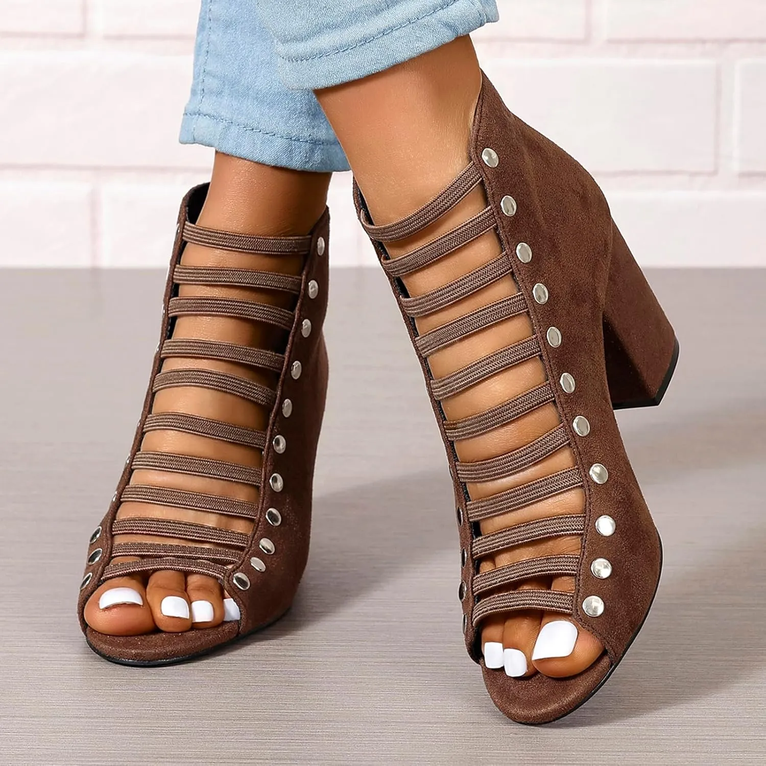 GUNIYIFS Womens Faux Suede Heels Sandals Peep Toe Cutout Chunky Block High Heels Sandals Dress Summer Back Zip Ankle Booties