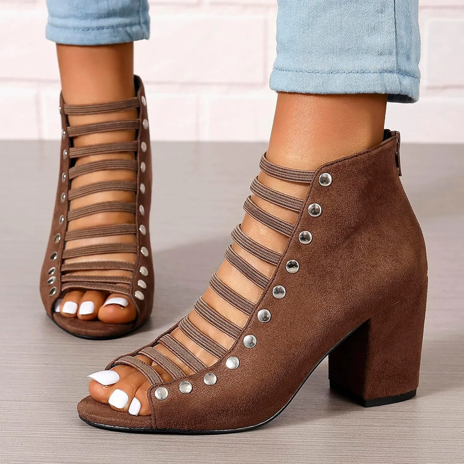 GUNIYIFS Womens Faux Suede Heels Sandals Peep Toe Cutout Chunky Block High Heels Sandals Dress Summer Back Zip Ankle Booties