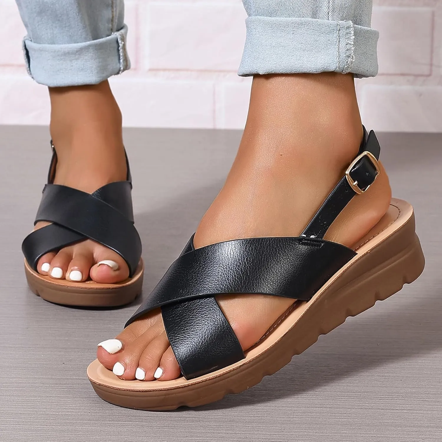 GUNIYIFS Women's Low Heel Wedge Sandals,Comfortable Casual Flatform Summer Dress Shoes Ankle Strap Buckle Beach Slide Sandals