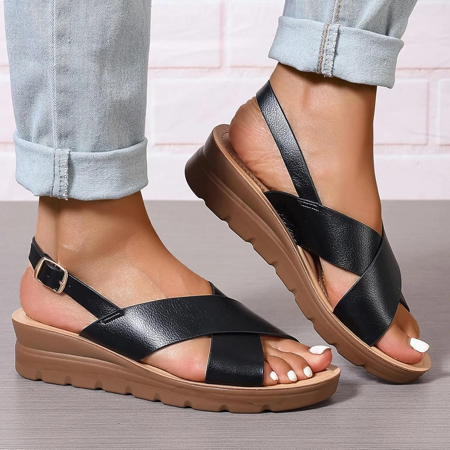 GUNIYIFS Women's Low Heel Wedge Sandals,Comfortable Casual Flatform Summer Dress Shoes Ankle Strap Buckle Beach Slide Sandals