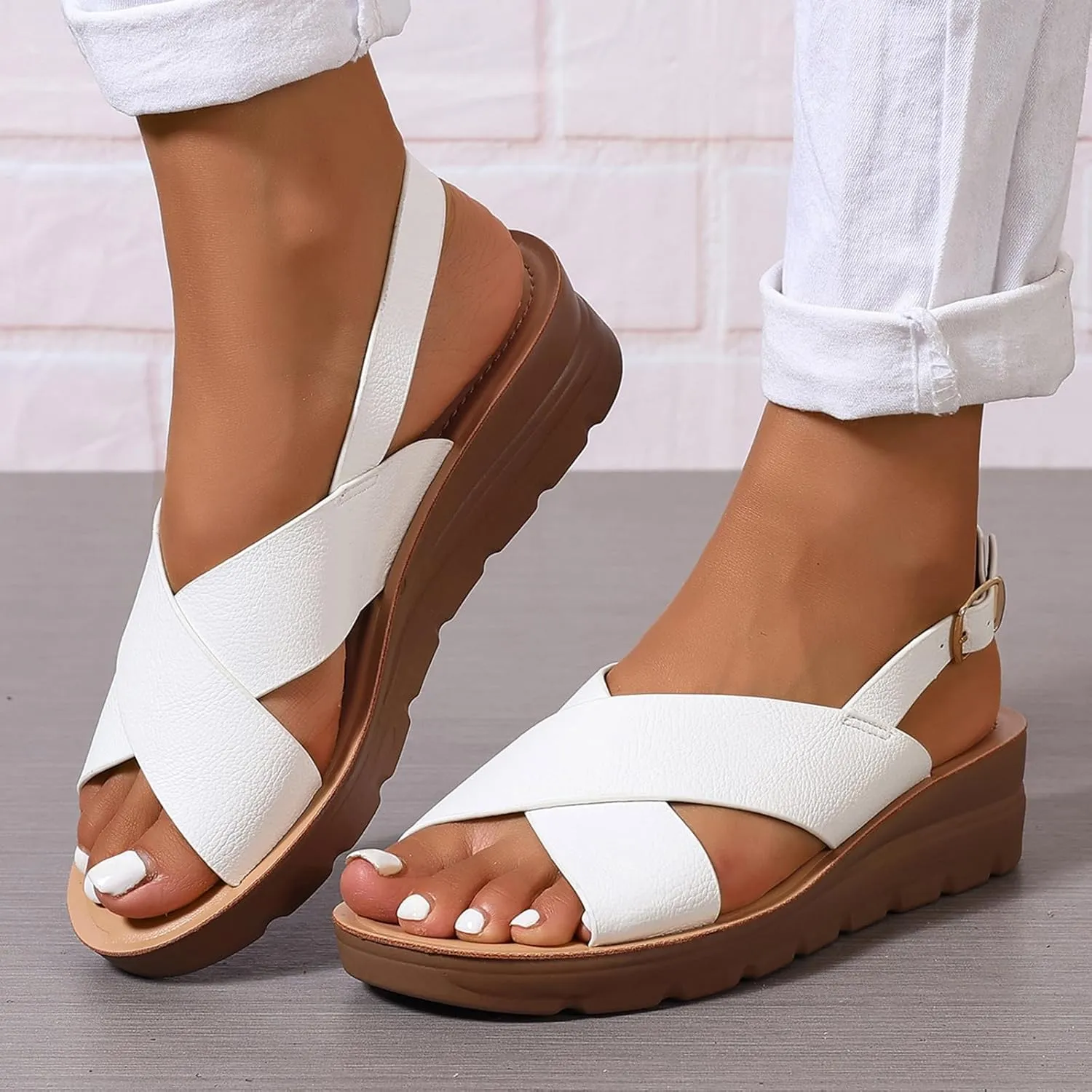 GUNIYIFS Women's Low Heel Wedge Sandals,Comfortable Casual Flatform Summer Dress Shoes Ankle Strap Buckle Beach Slide Sandals