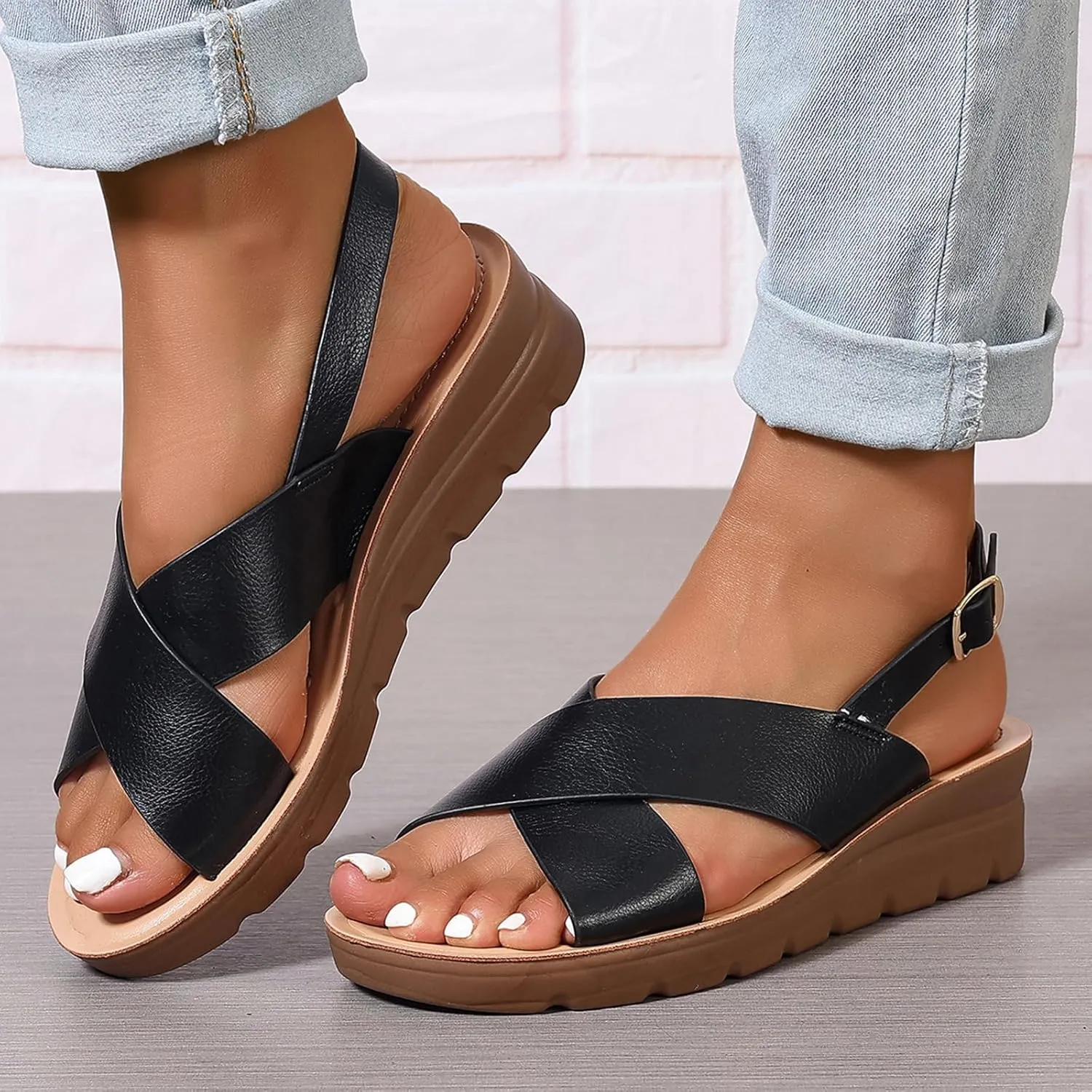 GUNIYIFS Women's Low Heel Wedge Sandals,Comfortable Casual Flatform Summer Dress Shoes Ankle Strap Buckle Beach Slide Sandals